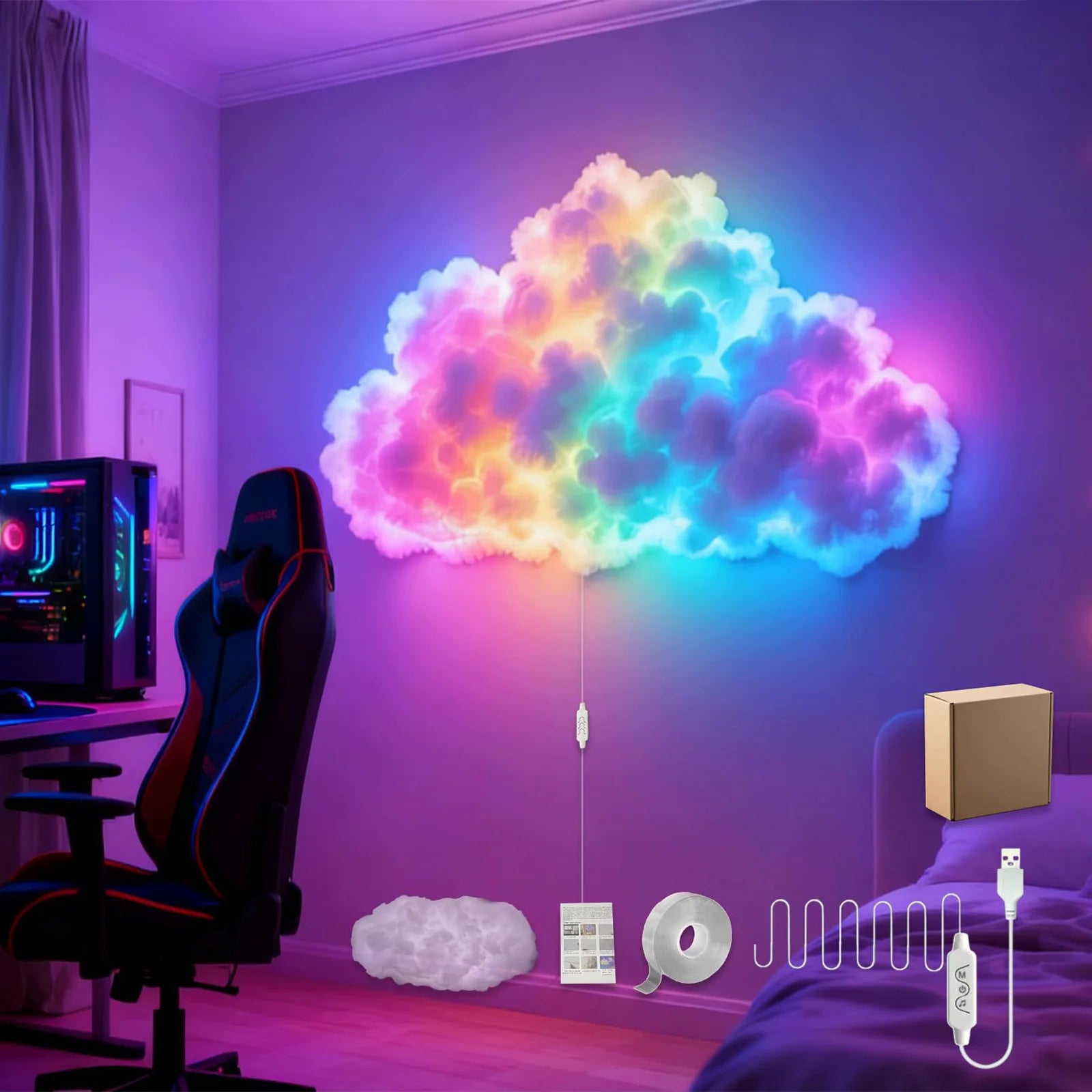 3D Big Cloud Lightning Light USB-Powered LED Cloud Light for Adults Kids Bedroom Home Decor
