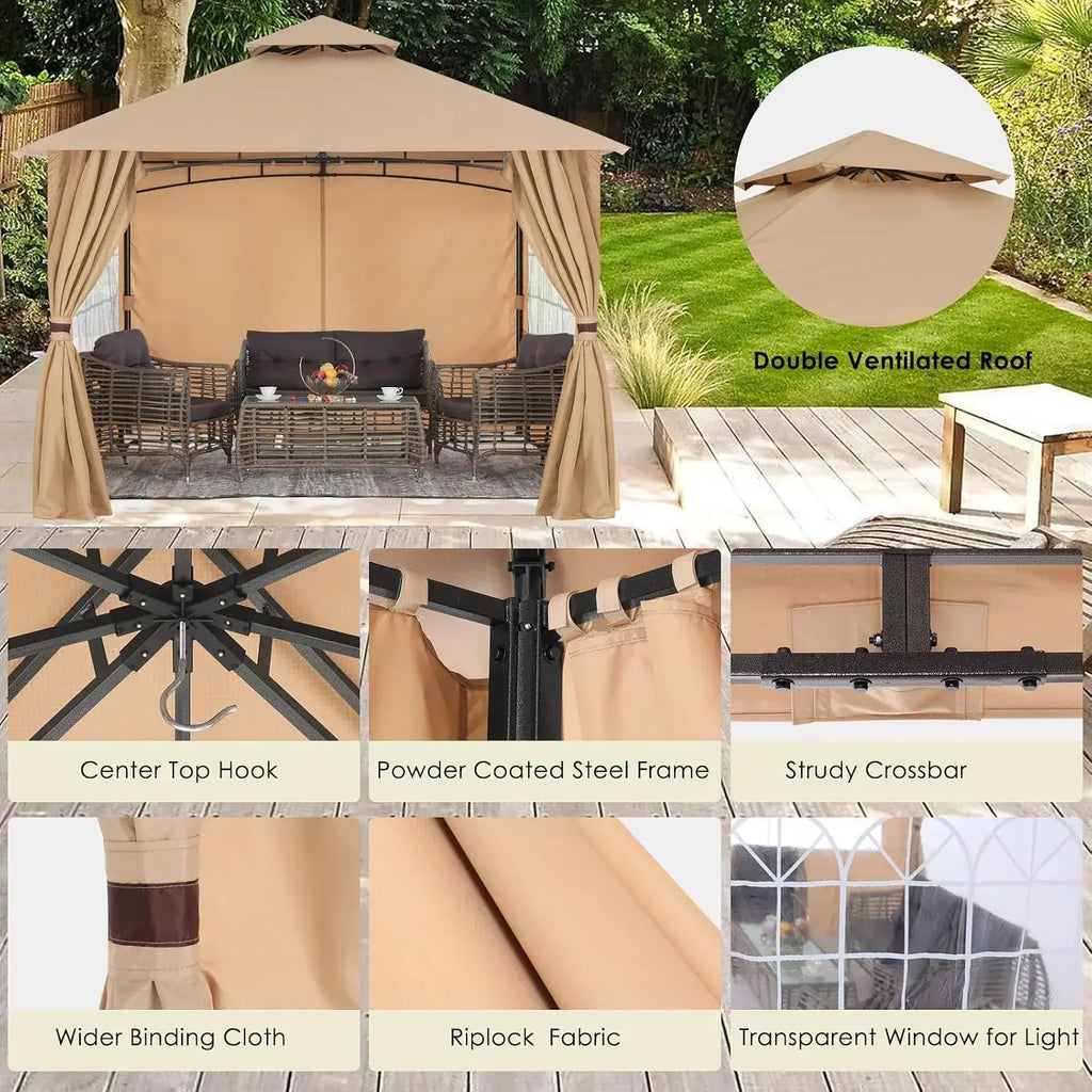 MASTERCANOPY 11x11 ft Patio Gazebo with Windows Curtains, Beige | Rustproof Steel Frame, UPF 50+ UV Protection, Fade-Resistant,