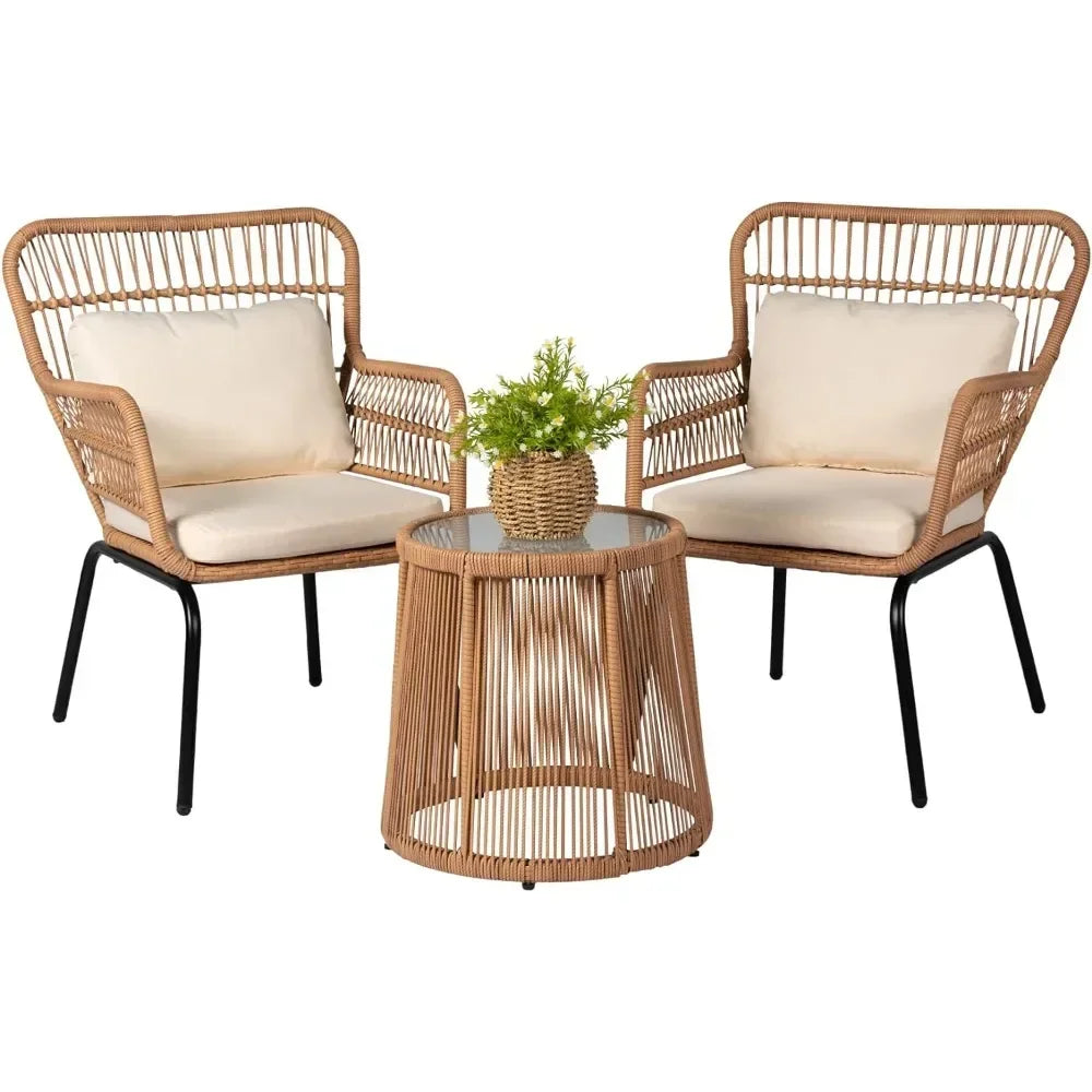 3 Piece Outdoor Wicker Furniture Bistro Set, Rattan Chairs Conversation Porch