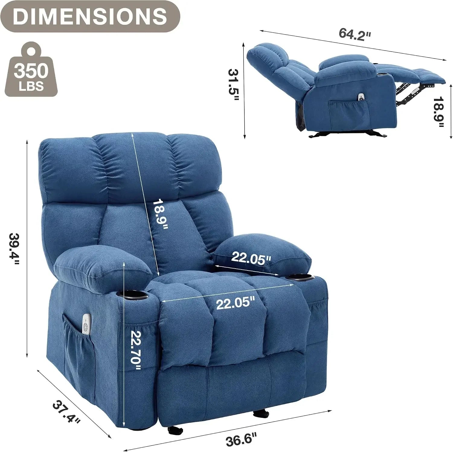 Blue Ergonomic Rocking Recliner Chair Heat Vibration Massage Lounge Living Room Storage Cup Holders