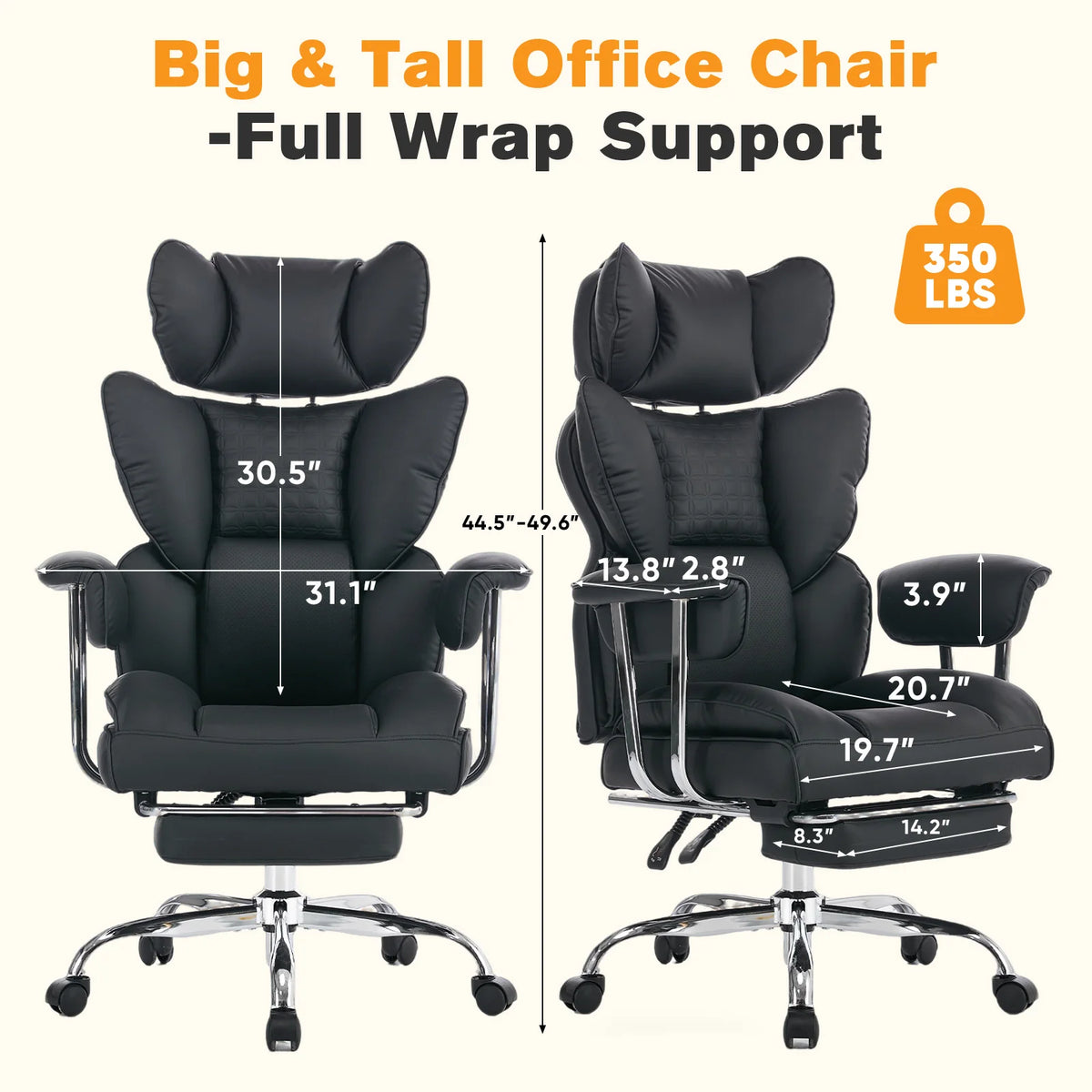 MCQ PU Leather Fix Armrest Ergonomic Office Desk Chair with Footrest Gaming Chair with High Back Reclining and Lumbar Support Height Adjustable with 360° Swivel