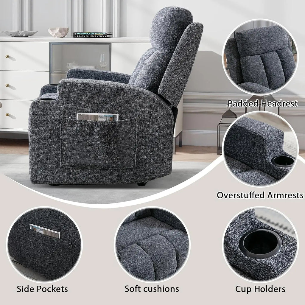 Manual Recliner Chair with Massage and Heat, Soft Fabric Recliner Chair with Overstuffed Arm and Back, Manual Reclining, Custom