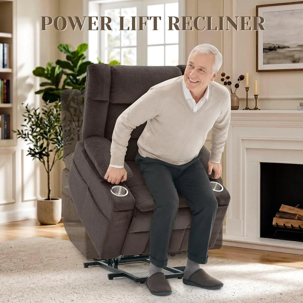 Power Lift Recliner with Massage & Heat, Electric Chair with Cup Holders & Pockets for Living Room, Brown, Customized