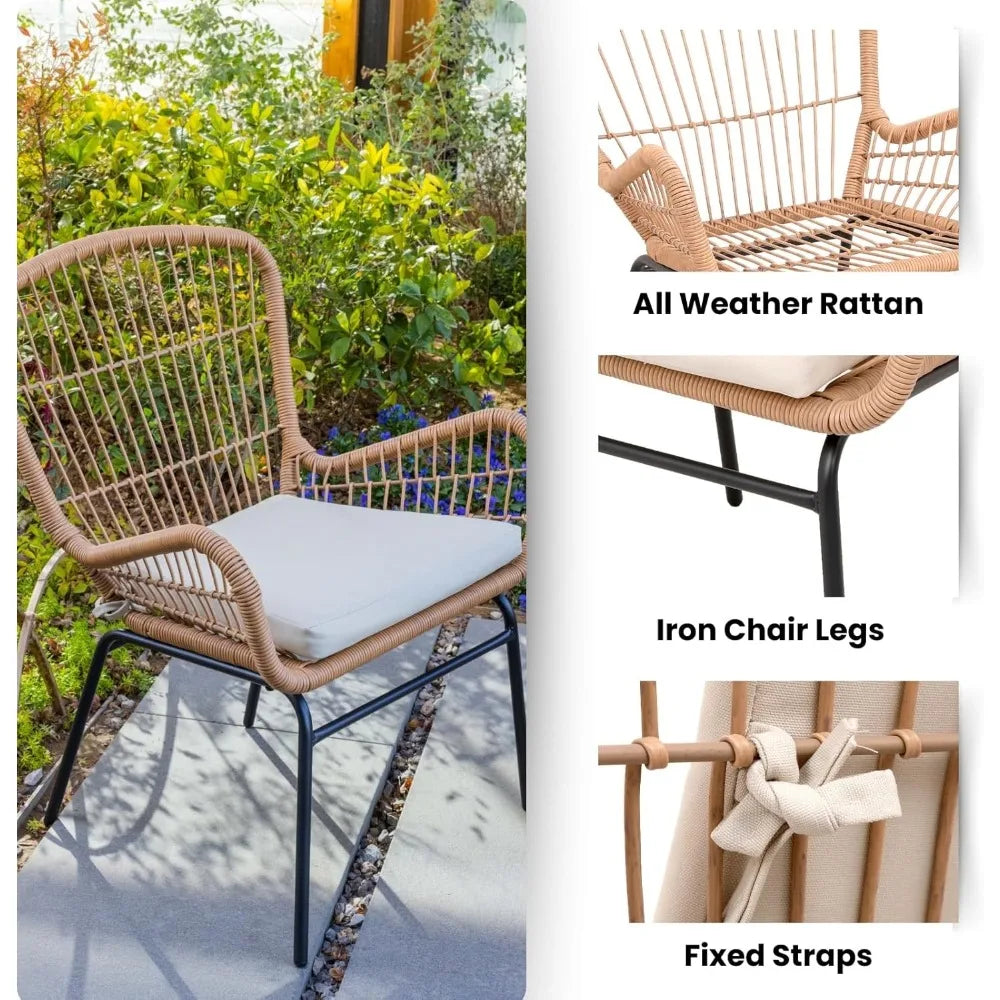 Boho Style Patio Set for Small Spaces，3 Piece Rattan Patio Bistro Set,Outdoor Wicker Furniture with 2 Chairs and Glass Top Table