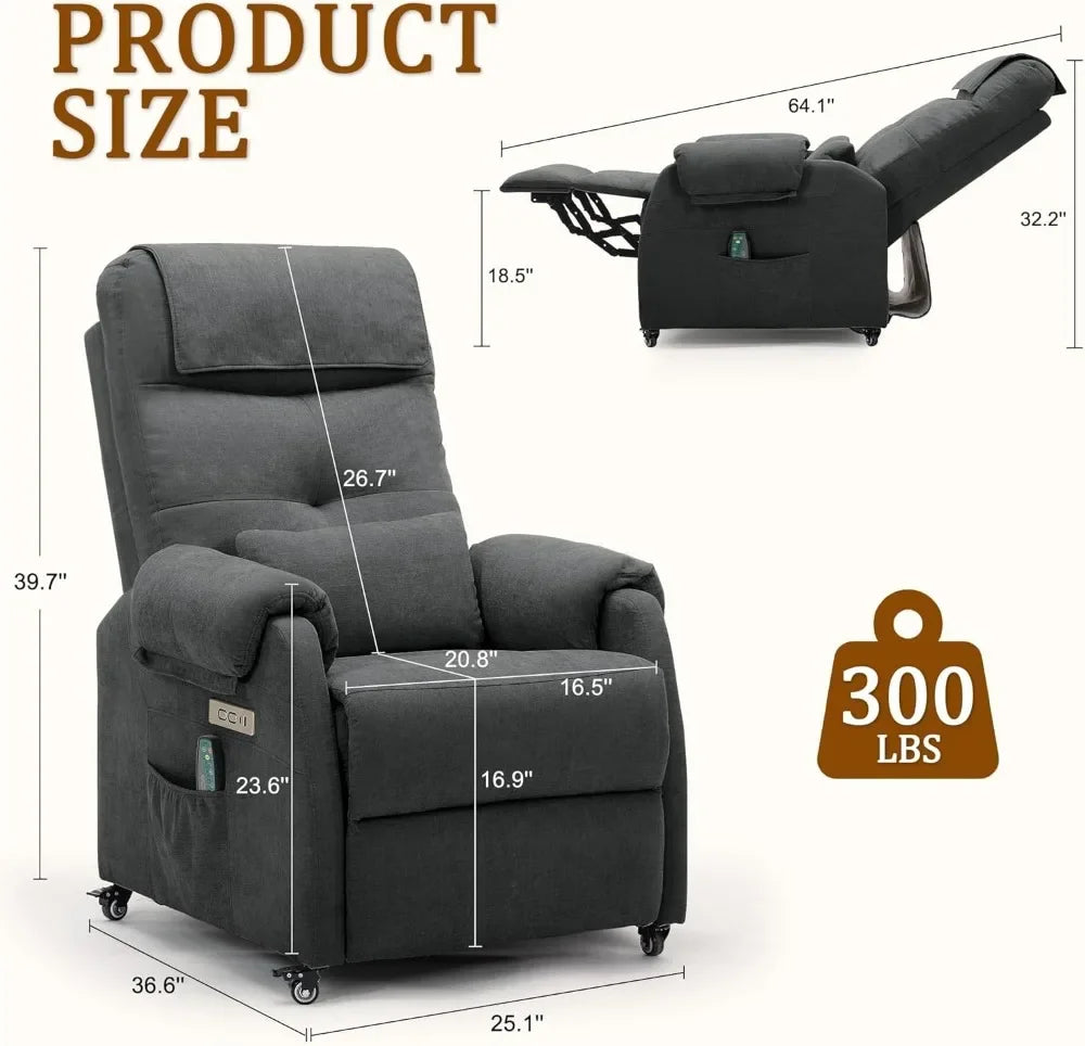 Electric Recliner Chair with Massage & Heat, USB/Type-C Ports, Rollers for Small Spaces - Fabric Comfort for Living Room/Bedroom