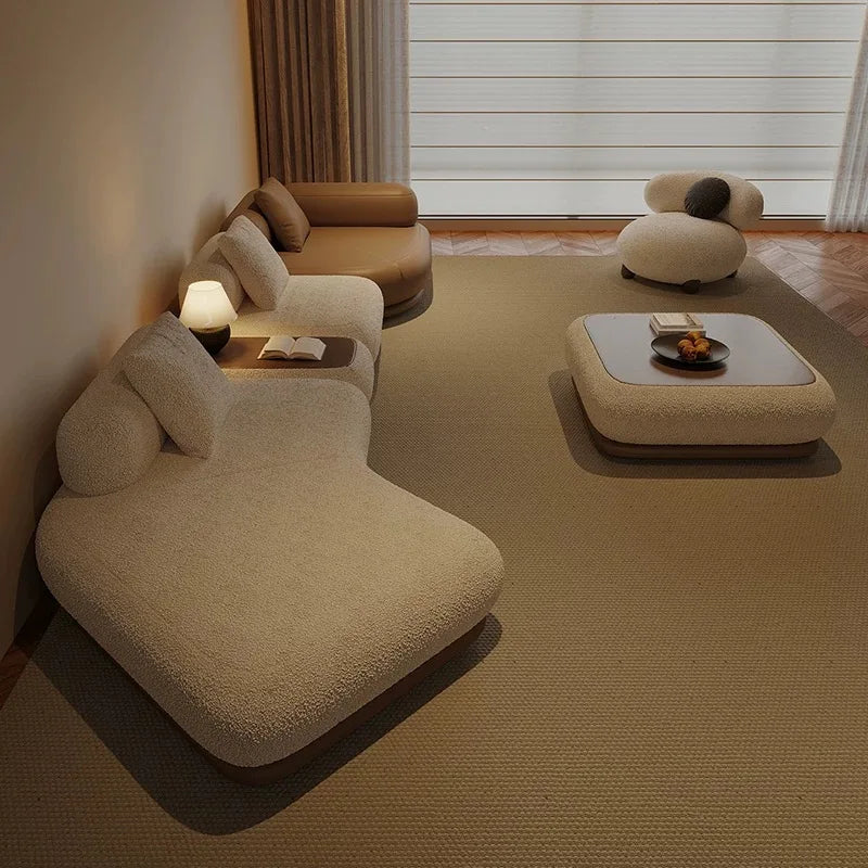 Modern Luxury Bouclé Modular Couch Living Room Furniture Curved Sofa Set With Soft Cushions & Functional Side Table