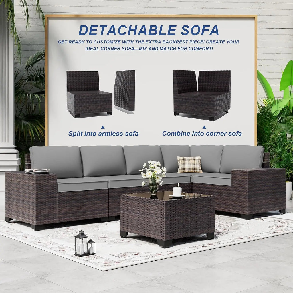 Outdoor Sectional Sofa Set w/Gas Fire Pit, 7 Pieces PE Wicker Patio Furniture, 43in Propane Table, Grey, Customized