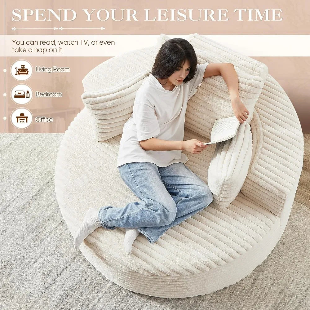 Oversized Round Chaise Lounge Chair Indoor, 55" Corduroy Deep Seat Floor Sofa for Living Room, Beige