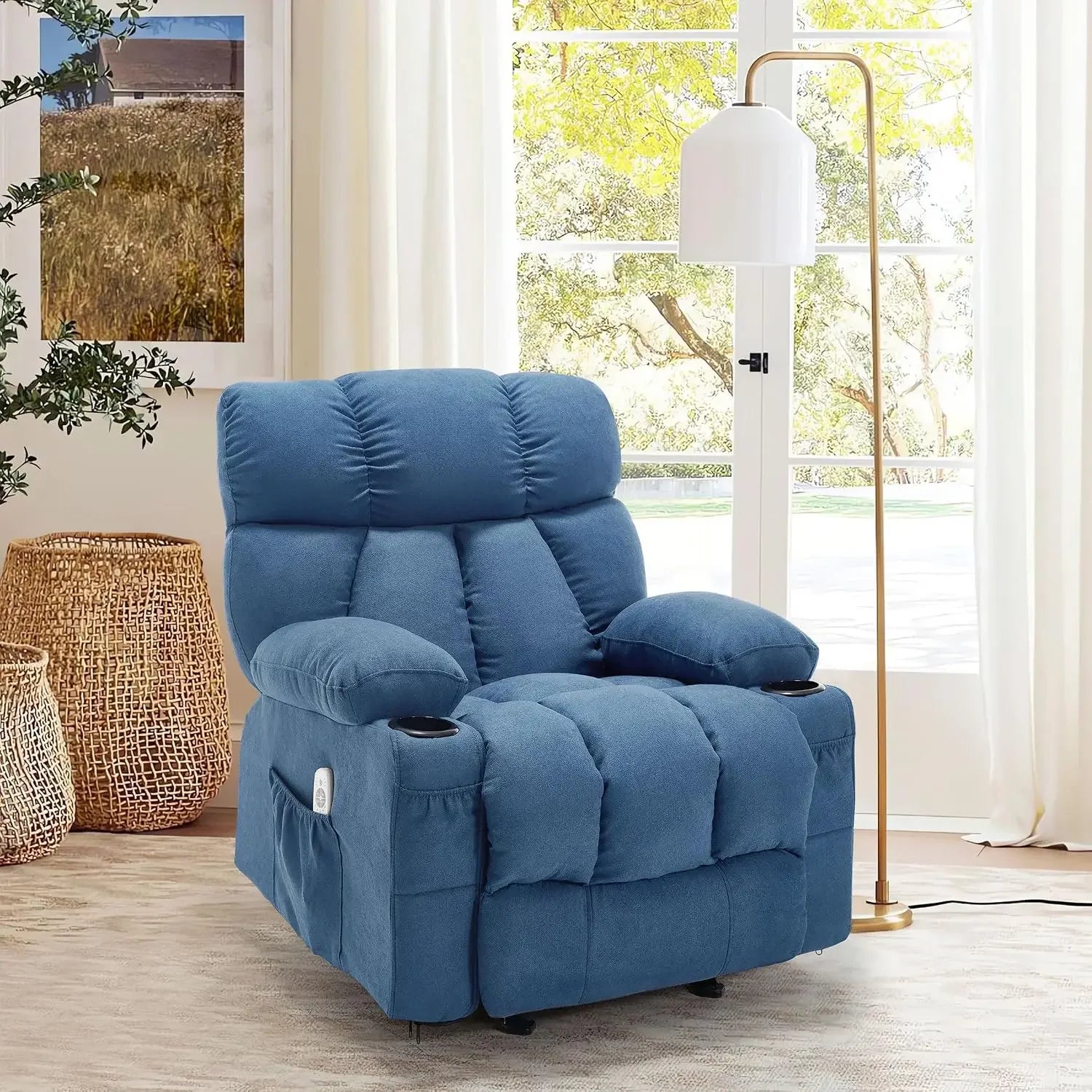 Blue Ergonomic Rocking Recliner Chair Heat Vibration Massage Lounge Living Room Storage Cup Holders