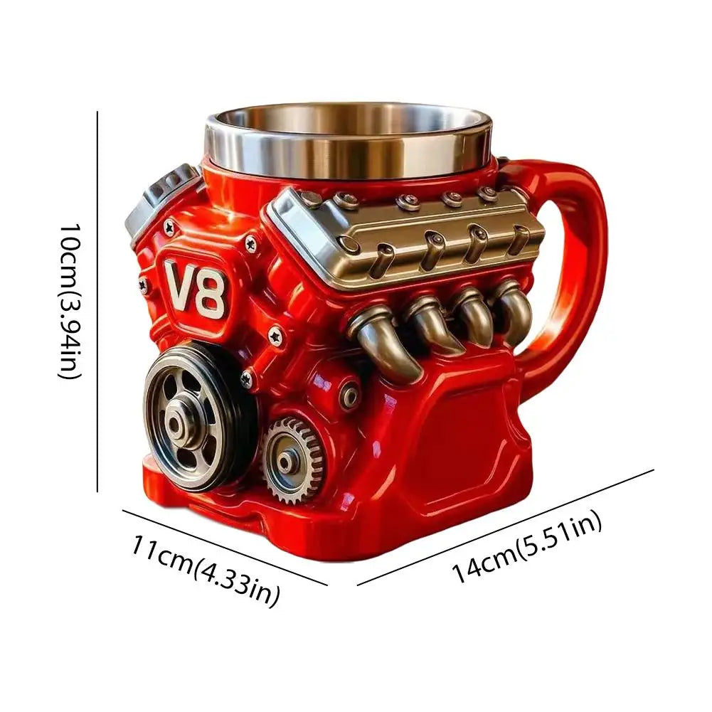 Retro V8 Engine Stainless Steel 3D Coffee Mug Personalized Double Wall Insulation Car Mug With Handle Christmas Gifts Decor