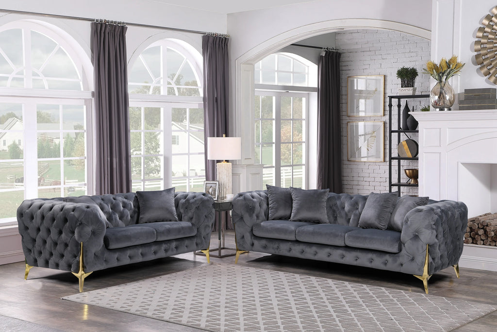 Luxury Tufted Velvet Chesterfield Couch Set Furniture Living Room Lounge Sofa Upholstered 2 Seater Sofas With Gold Legs