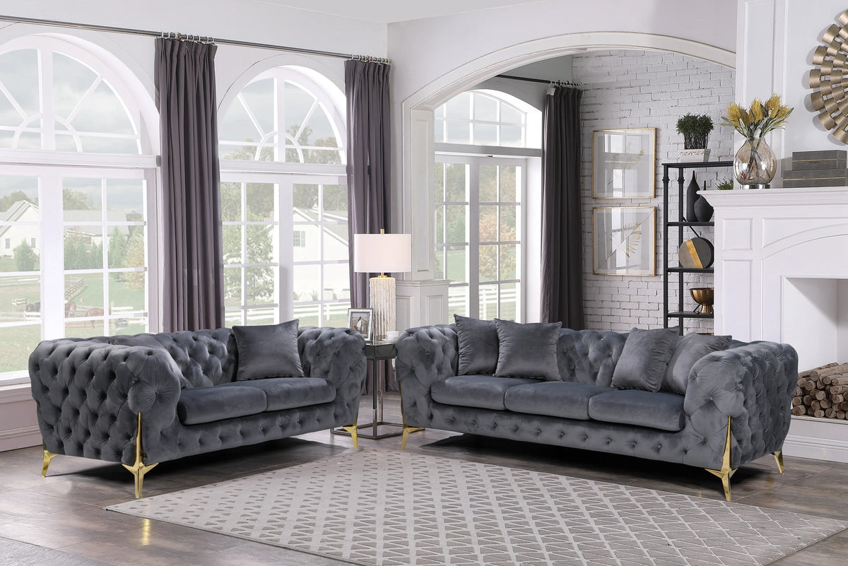 Luxury Tufted Velvet Chesterfield Couch Set Furniture Living Room Lounge Sofa Upholstered 2 Seater Sofas With Gold Legs