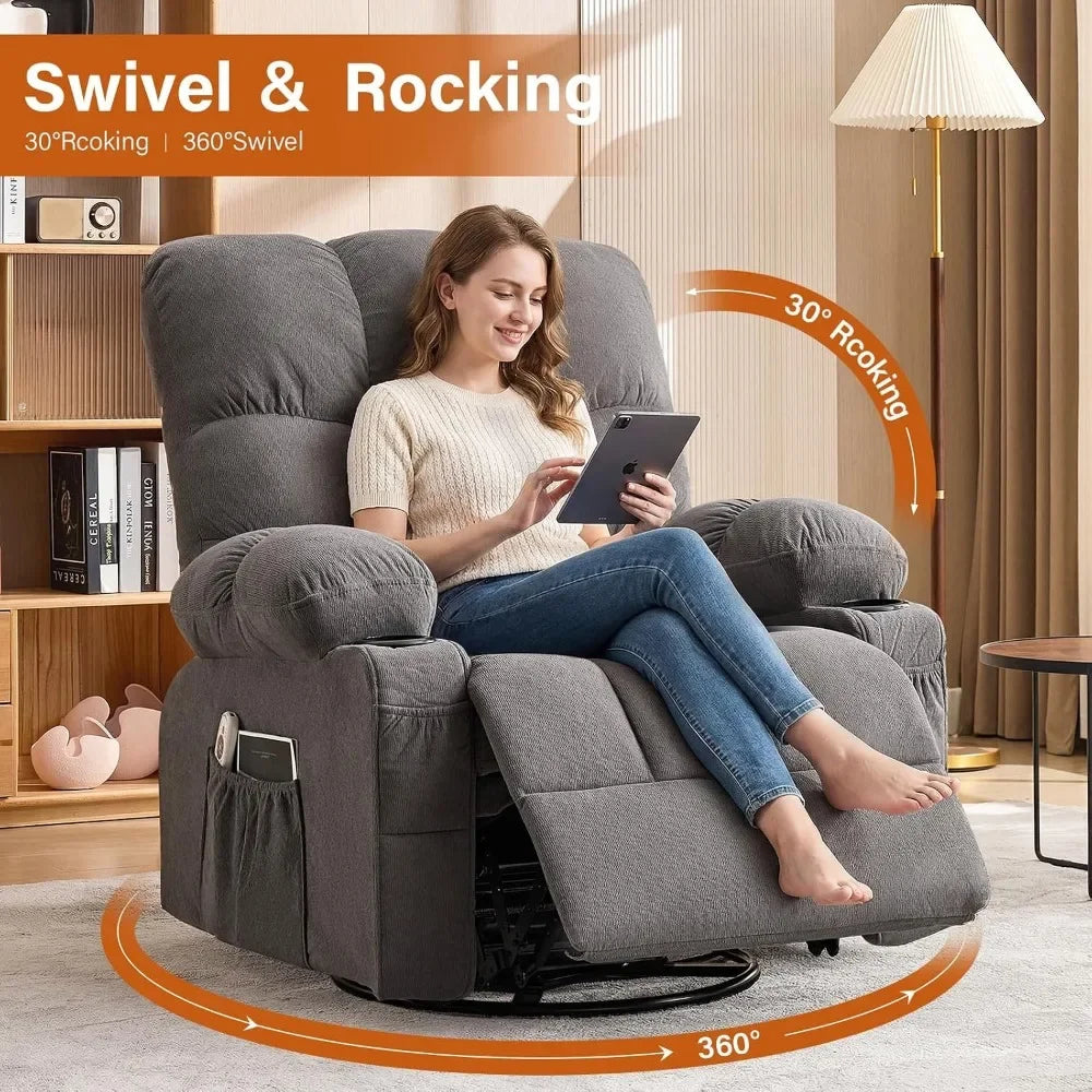 Swivel Rocker Recliner Chair with Vibration Massage, Heat, and USB Charging for Living Room