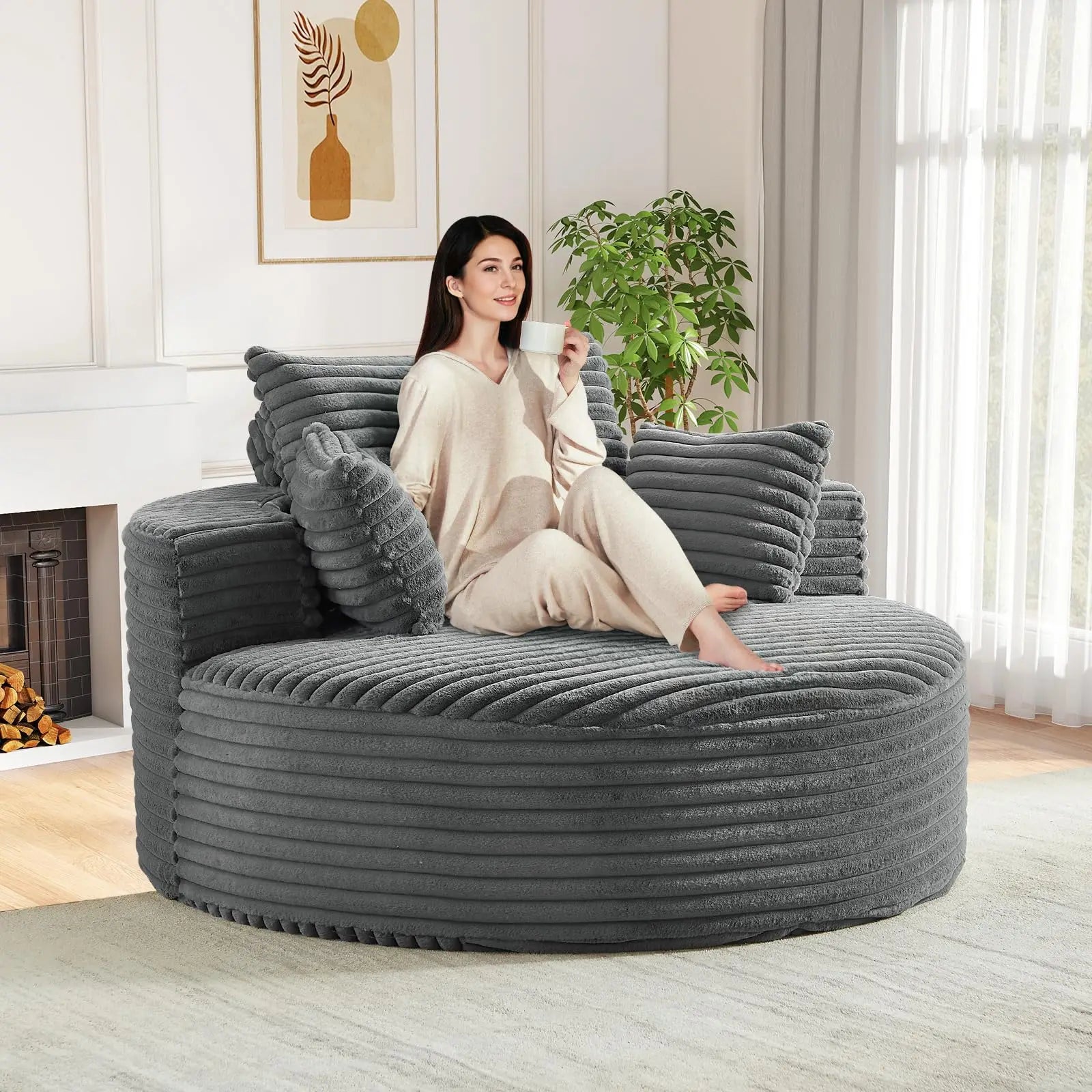 Round Chaise Longue Chair Indoor, Modern 55-inch Upholstered Corduroy Deep Seat Circle Single Cloud Lounge, Customized