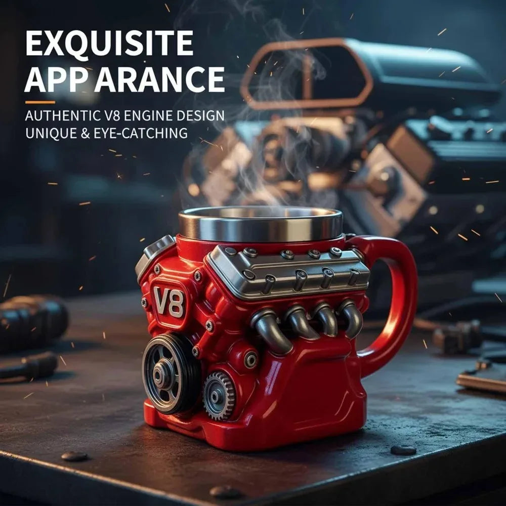 Retro Engine Coffee Mug Double Wall V8 Engines Stainless Steel Cup with Handle Realistic Design Insulatio Christmas Gift for Men