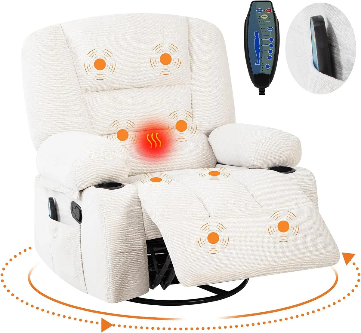 Oversized Recliner Chair, Massage Rocker, 360 Swivel, Heat, USB 350 LB Capacity, 8-Point Vibration, Lumbar Heat, 145° Recline, 2 Cup Holders, USB Port, Side Pocket And Retractable Footrest