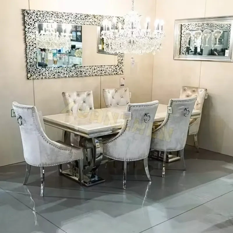 2026 Hot Sale Dining Table and 6 Chairs Set for Modern Home Grey High-End Marble Dining Table Set
