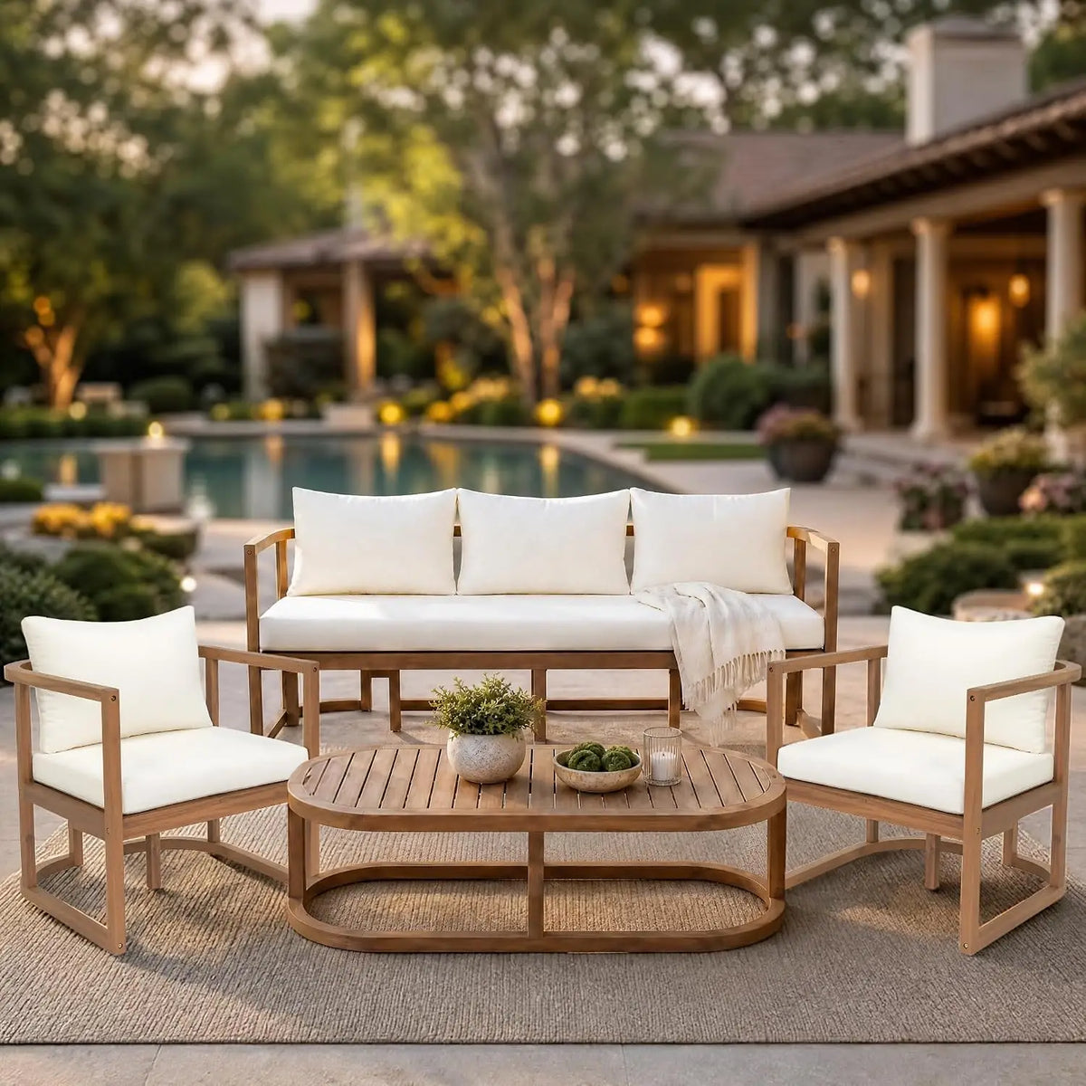 4-Piece Patio Set, All Weather Sectional w/ 2 Chairs, Loveseat & Table, Acacia Wood Outdoor Furniture with Cushions, Customized