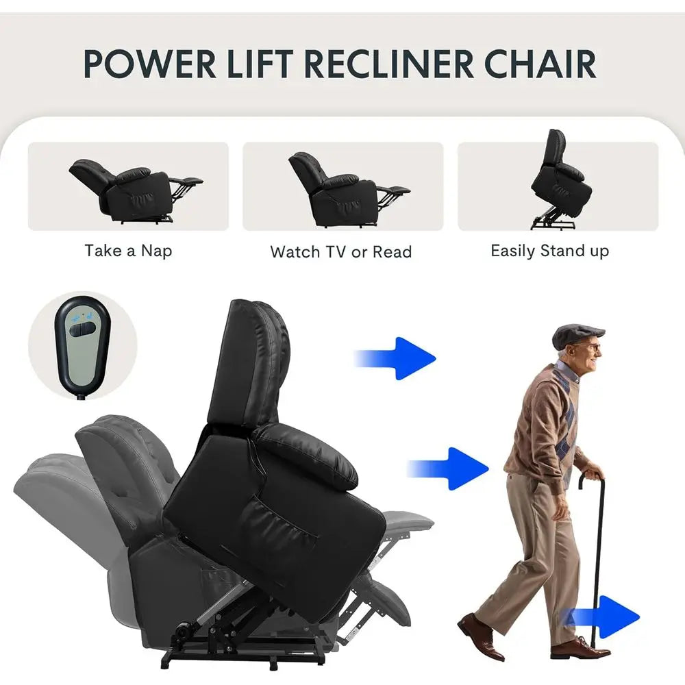 XL31 Power Lit Recliner Chair or Elderly, Electric Lit Chair with Massage & Heat, PU Leather Reclining Soa w/Cup Holders, Side k
