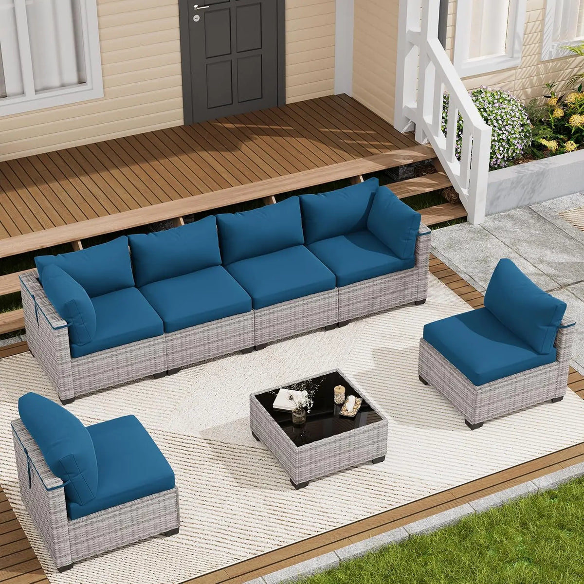 7 Piece Wicker Rattan Patio Conversation Set, Outdoor Sectional Sofa, Custom