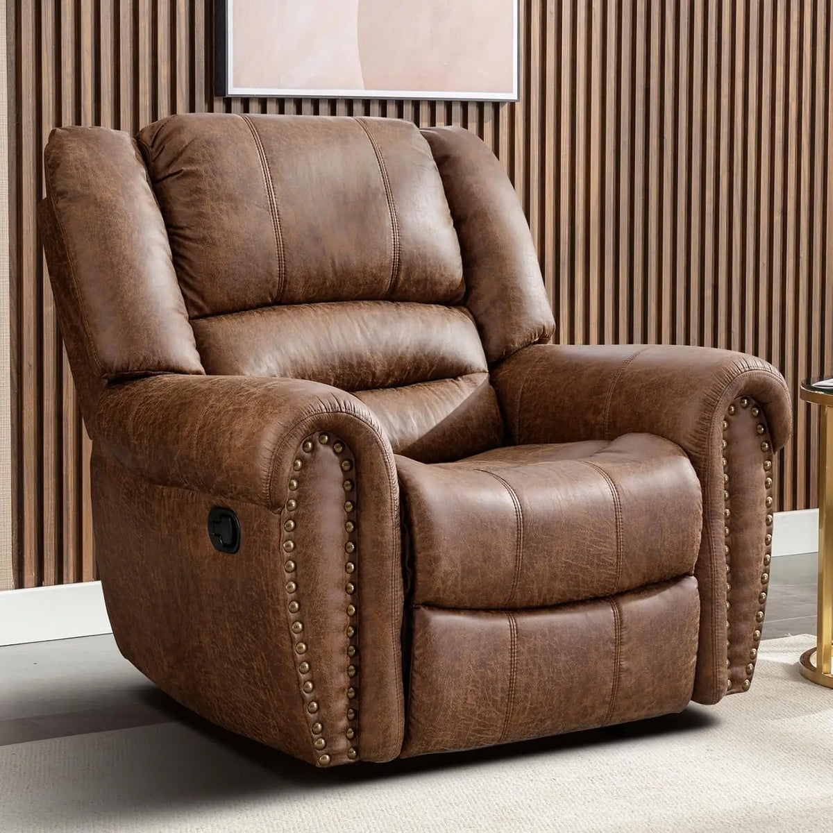 #Overstuffed Leather Rocker Recliner Chair Manual Single Sofa Living Room Bedroom Dark Brown, Customized