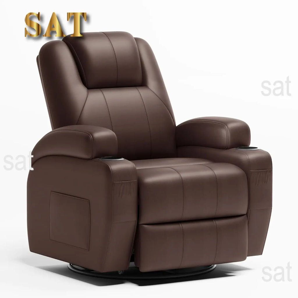 #Swivel Rocker Recliner Chair Vibration Massage 360° Ergonomic Lounge Cup Holders Leather Brown, Customized