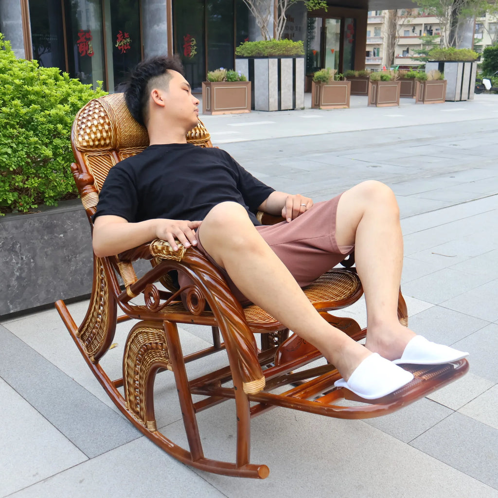 Balcony elderly rattan chair household large medium new Chinese real rattan recliner