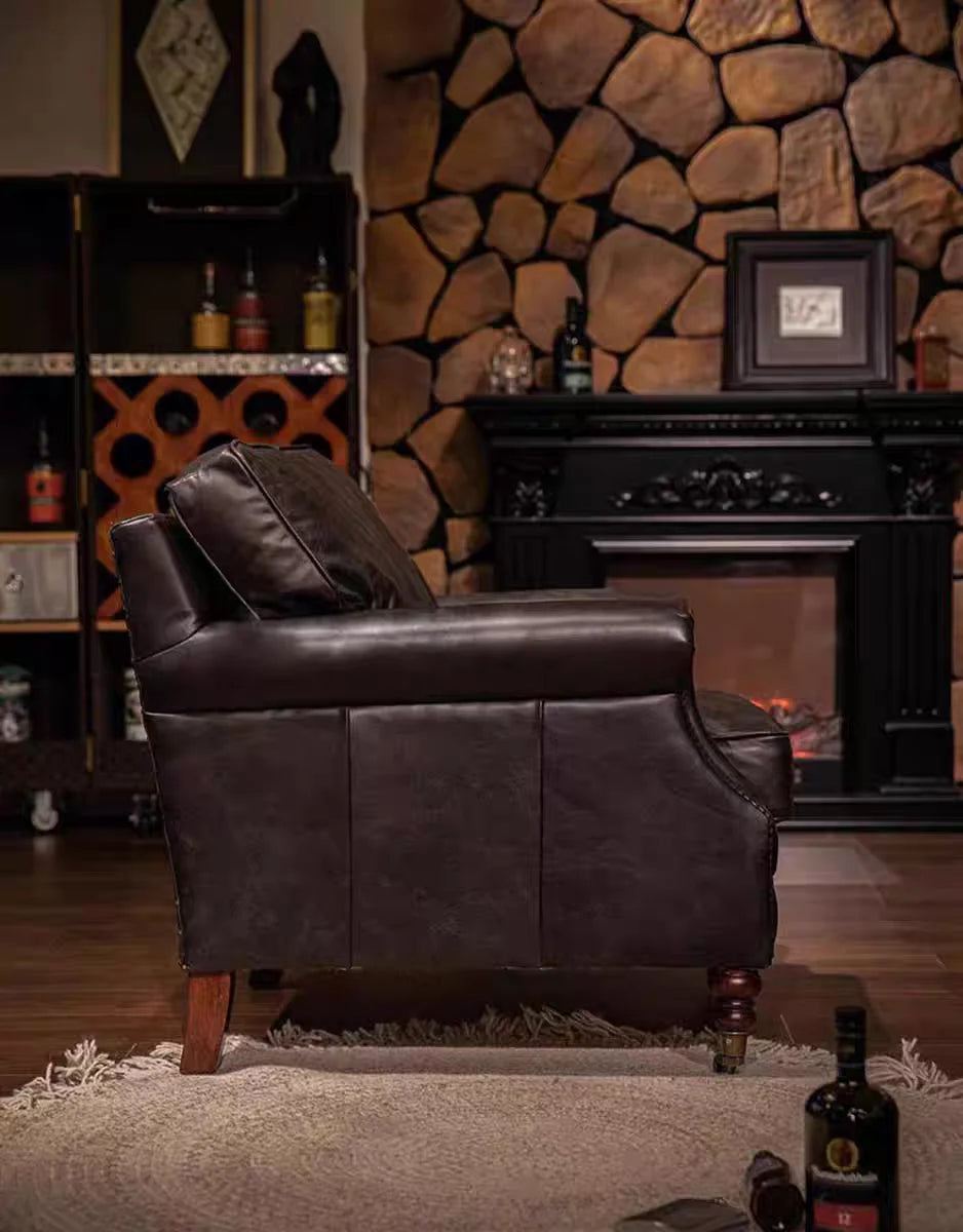 French vintage-style Barton sofa chair, classic distressed single chair, mid-century down sofa