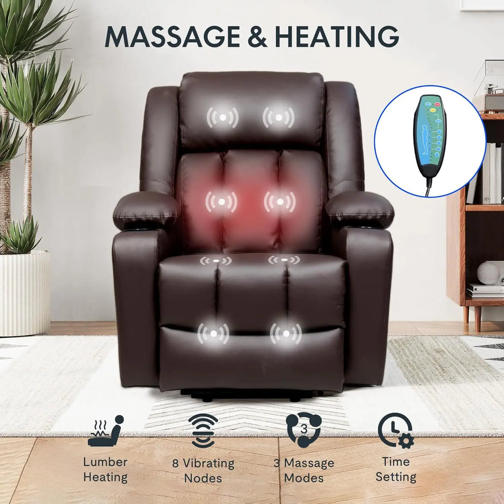 Electric Lift Recliner Chair with Massage & Heat for Elderly, PU Leather Sofa Cup Holders