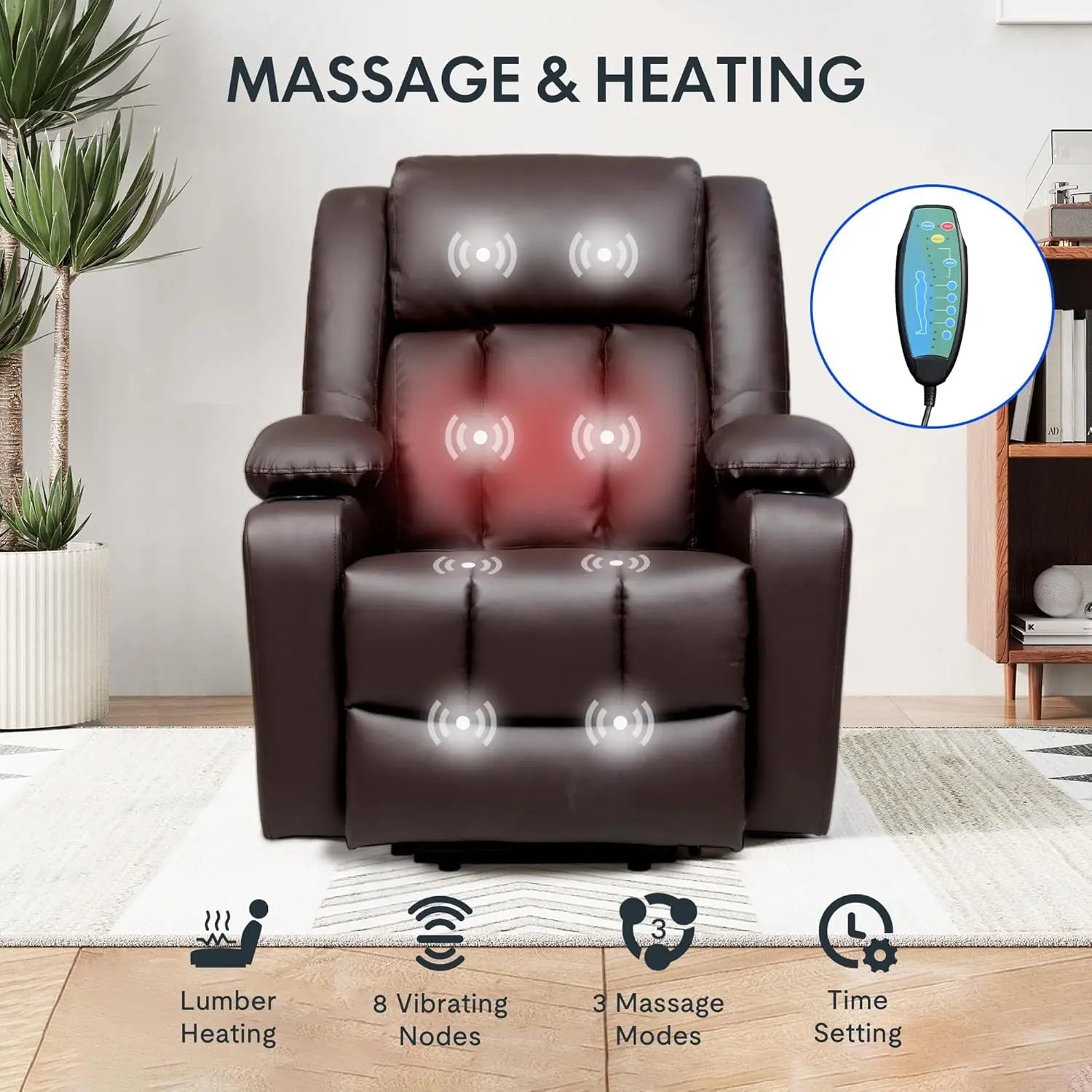 Electric Lift Recliner Chair with Massage & Heat for Elderly, PU Leather Sofa Cup Holders