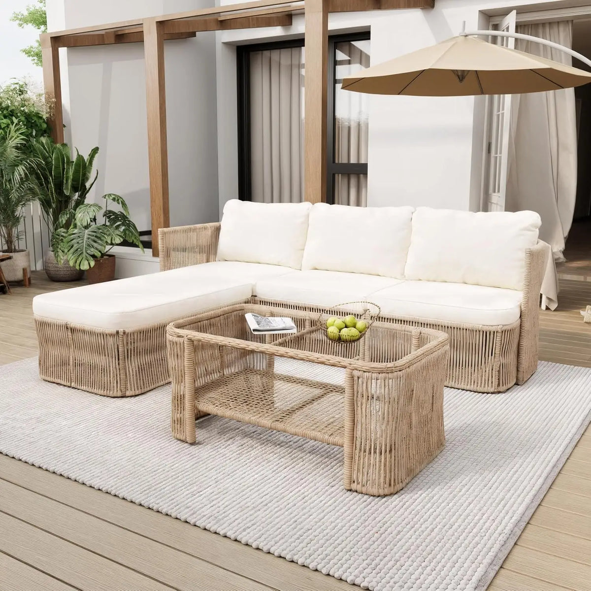 4-Piece Patio Set, All Weather Sectional w/ 2 Chairs, Loveseat & Table, Acacia Wood Outdoor Furniture with Cushions, Customized