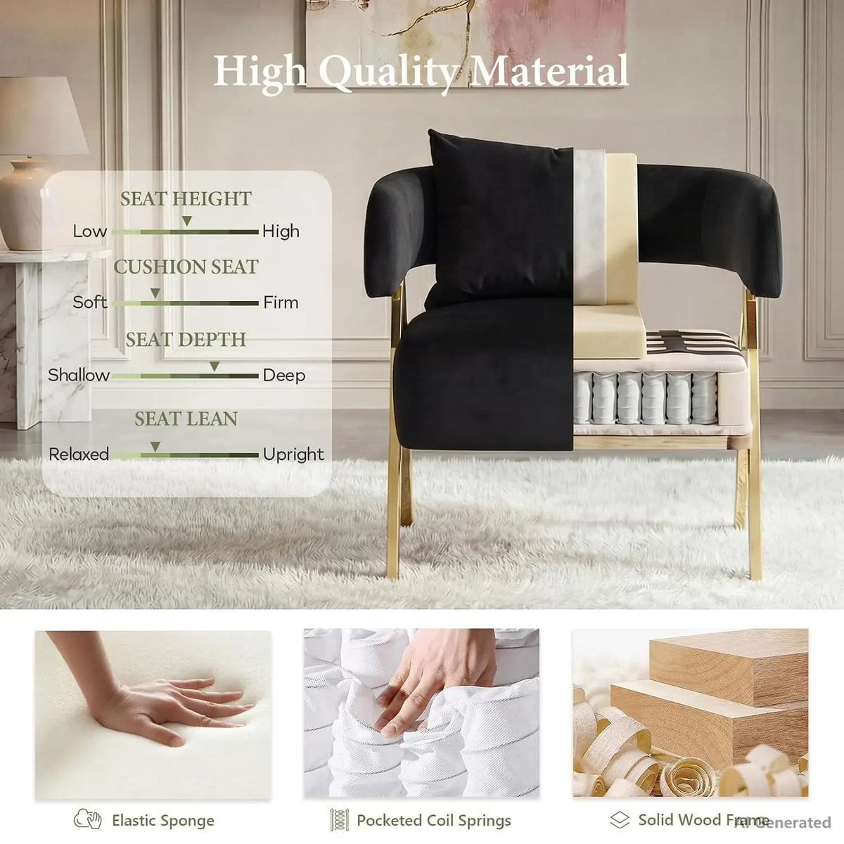 Black Velvet Barrel Chair Set 2, Wide Seat Gold Legs Accent Armchair Living Room Bedroom Small Space, Customized