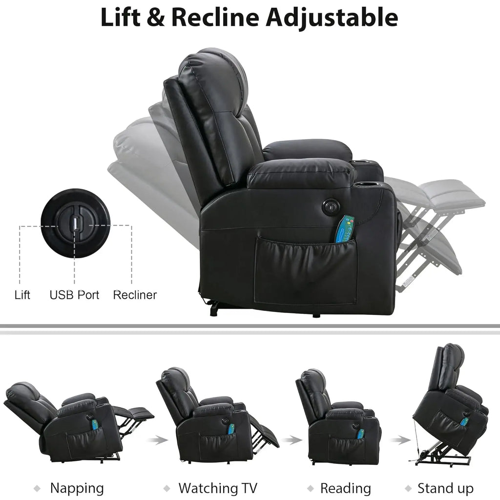 Electric Power Lift Recliner Chair with Massage Heat for Elderly, 3 Positions, USB, Cup Holders, Faux Leather