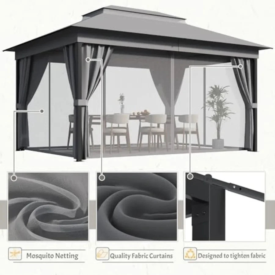 Outdoor Gazebo for Patio 10'x 13' Heavy Duty Metal Fe  with Expansion Bolts Double Roofs Party Tent Shelter with Mosquito Netti