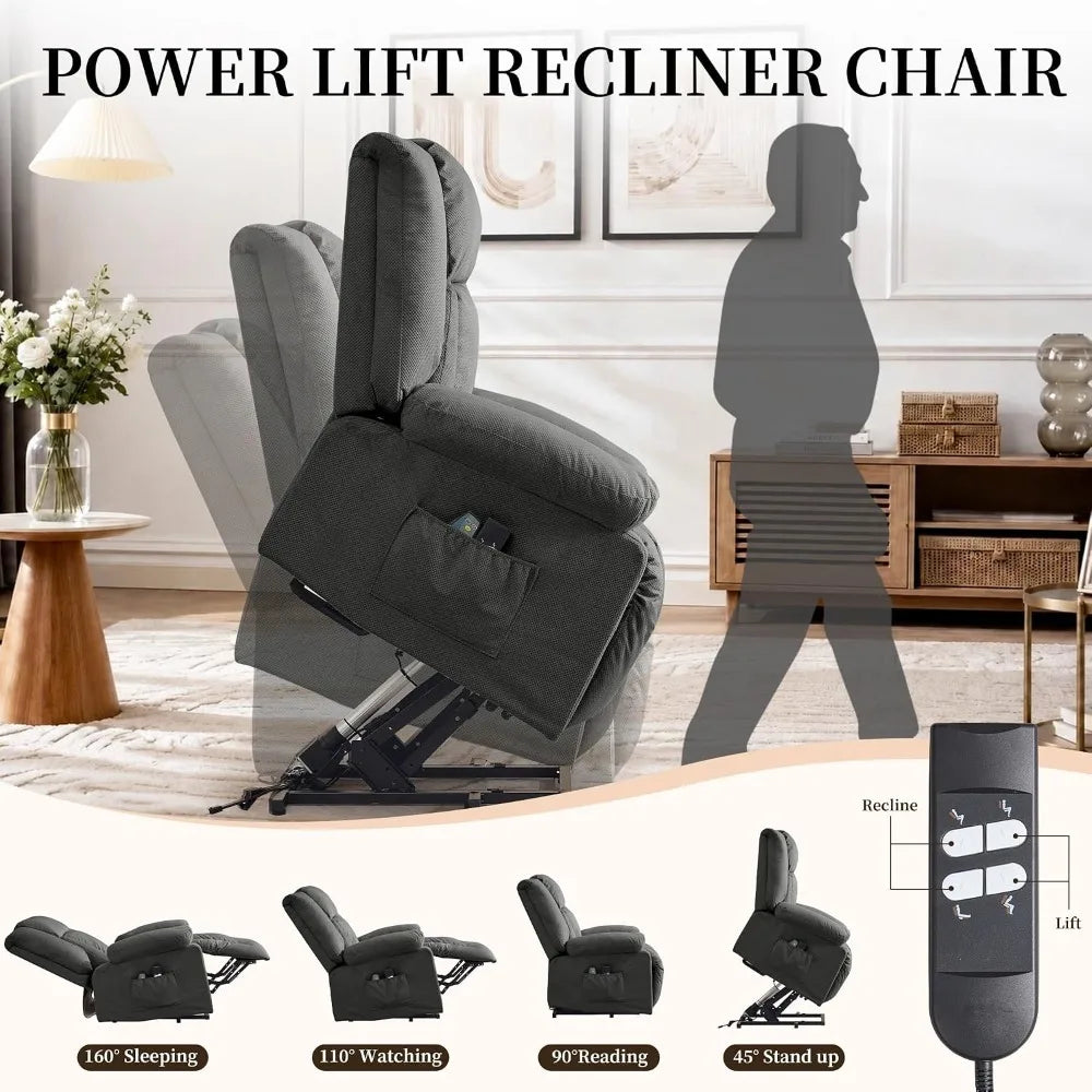 Dual Motor Power Lift Recliner Chair for Elderly Massage Heat Oversized Electric Recliner Side Pockets Living Room Waffle Grey