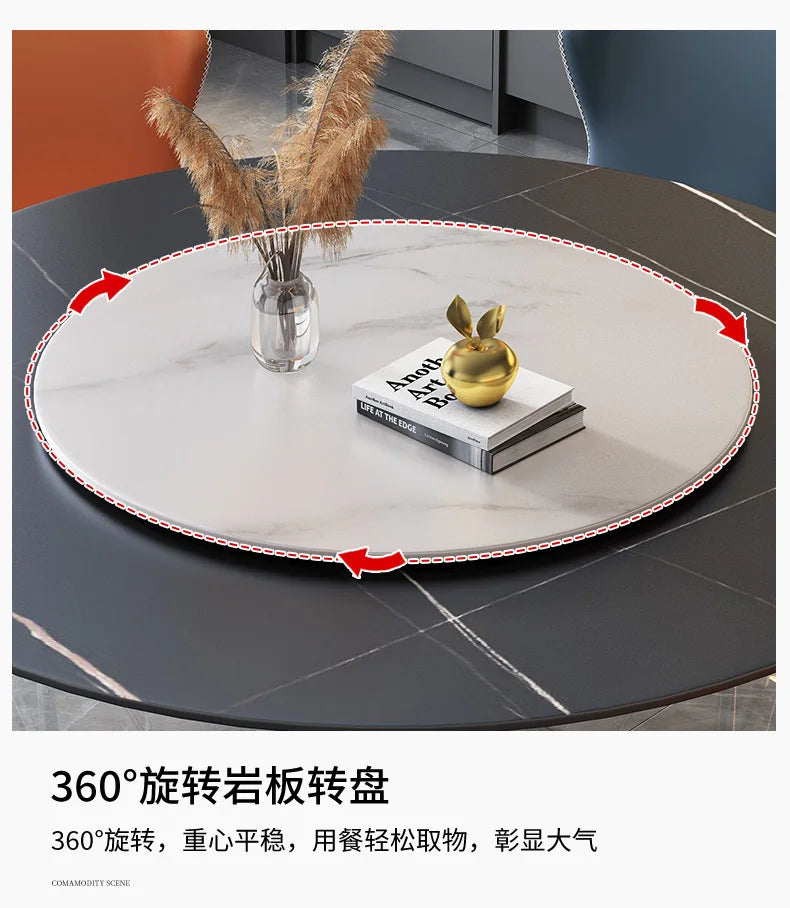 PG Italian minimalist light luxury rock slab bright dining table modern simple round table with turntable high-end dining table