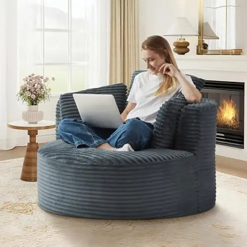 48 Inch Oversized Round Chaise Lounge Chair Corduroy Fluffy Comfy Cloud Bean Bag Sofa with Pillows White Local US