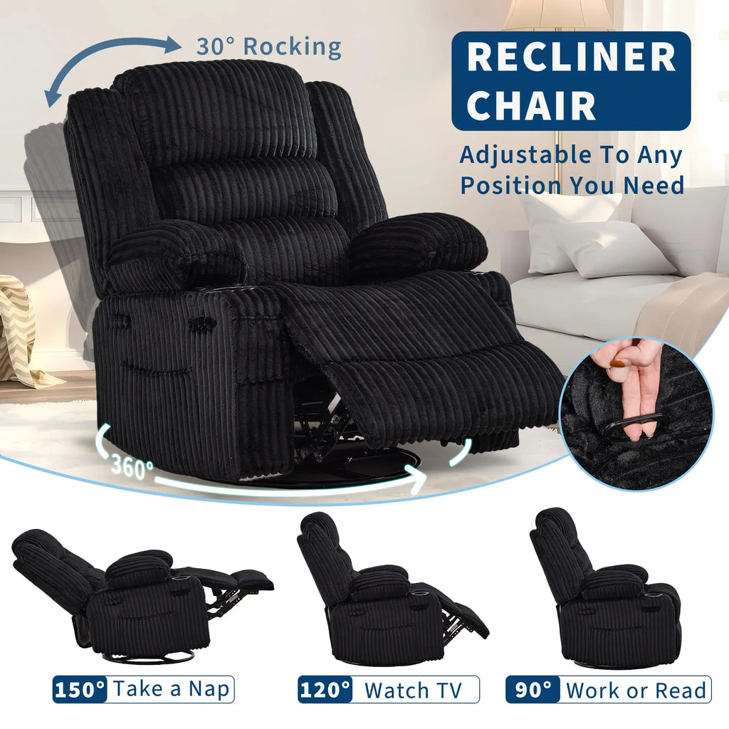Jumbo Corduroy Rocking Recliner Chair With Cup Holder Swivel Glider Upholstered Deep Seat Lazy Boy Nursery Chair For Living Room