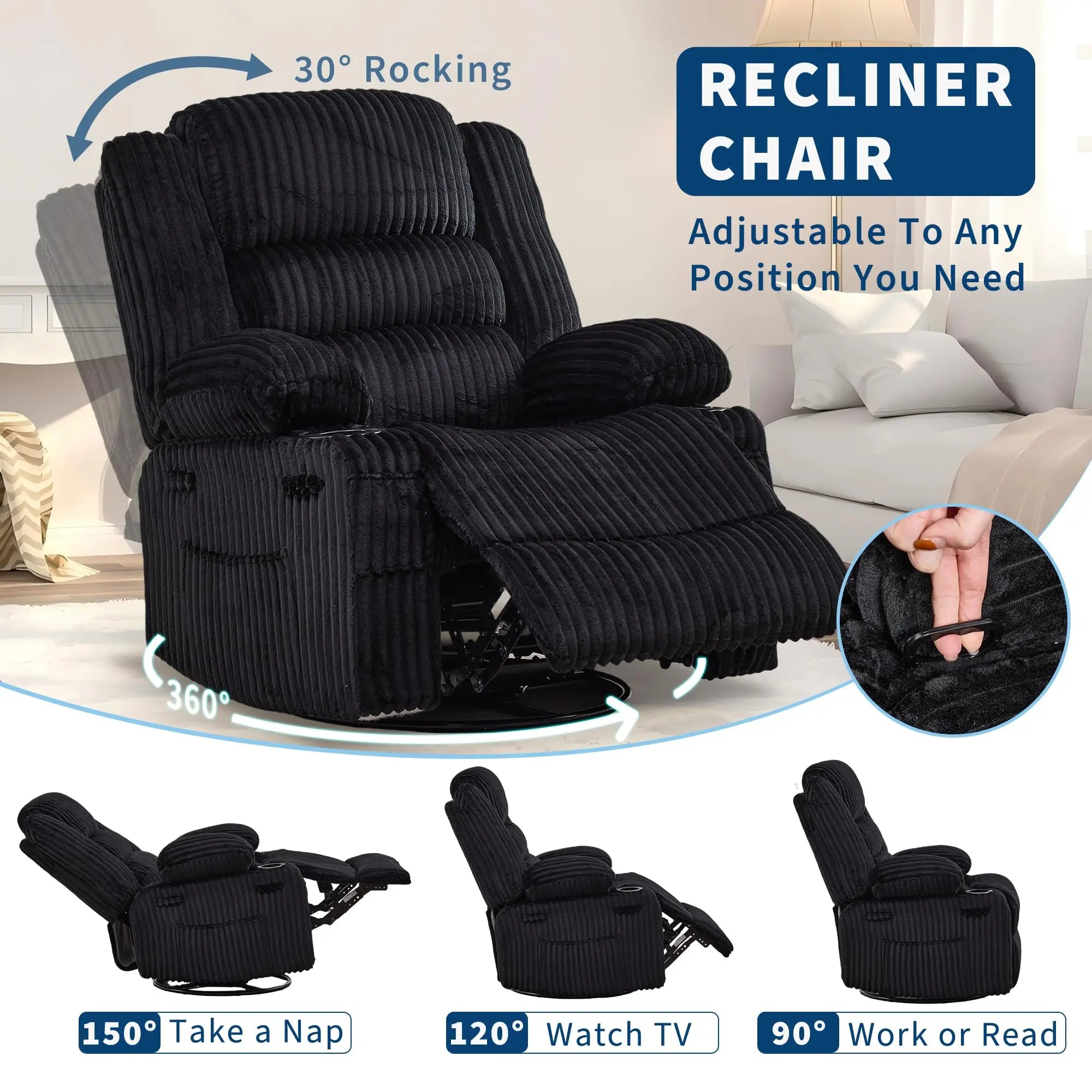 Jumbo Corduroy Rocking Recliner Chair With Cup Holder Swivel Glider Upholstered Deep Seat Lazy Boy Nursery Chair For Living Room
