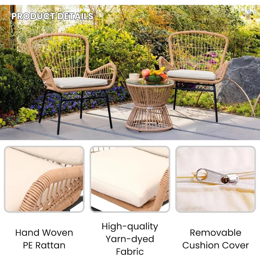 Boho Style Patio Set for Small Spaces，3 Piece Rattan Patio Bistro Set,Outdoor Wicker Furniture with 2 Chairs and Glass Top Table
