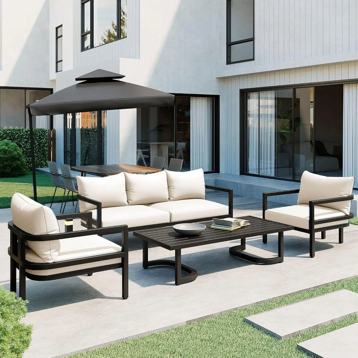 4-Piece Patio Set, All Weather Sectional w/ 2 Chairs, Loveseat & Table, Acacia Wood Outdoor Furniture with Cushions, Customized