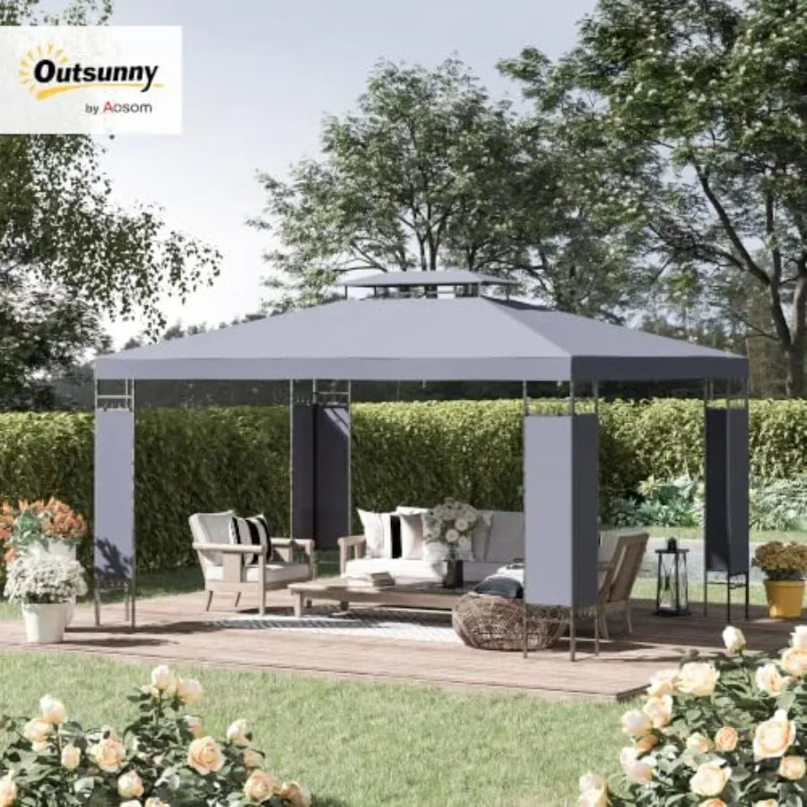 9.6' x 13' Patio Gazebo w/Screen Decorate Corner Frame