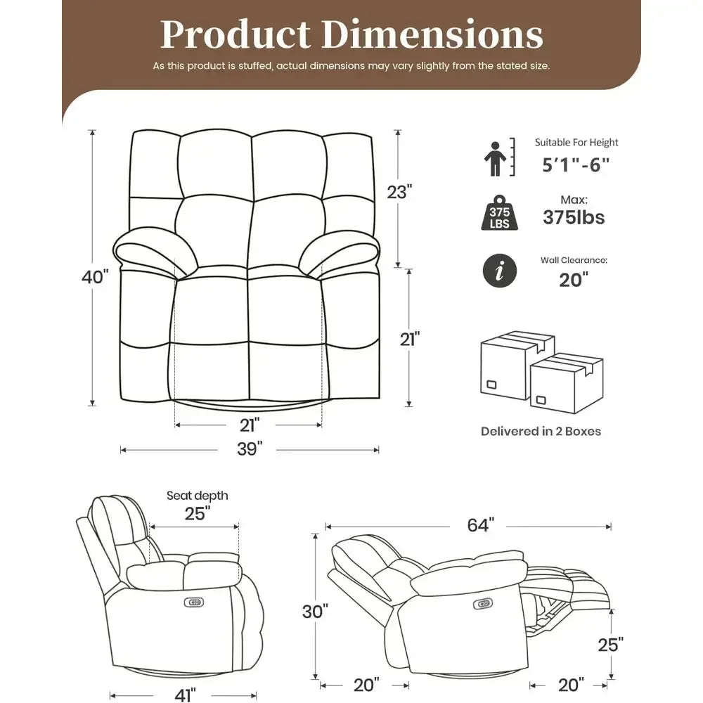 Extra Wide Power Recliner with Swivel, Rocker, and USB Ports, Ideal for Living Room or Nursery, Supports Up to 375lbs, Brown