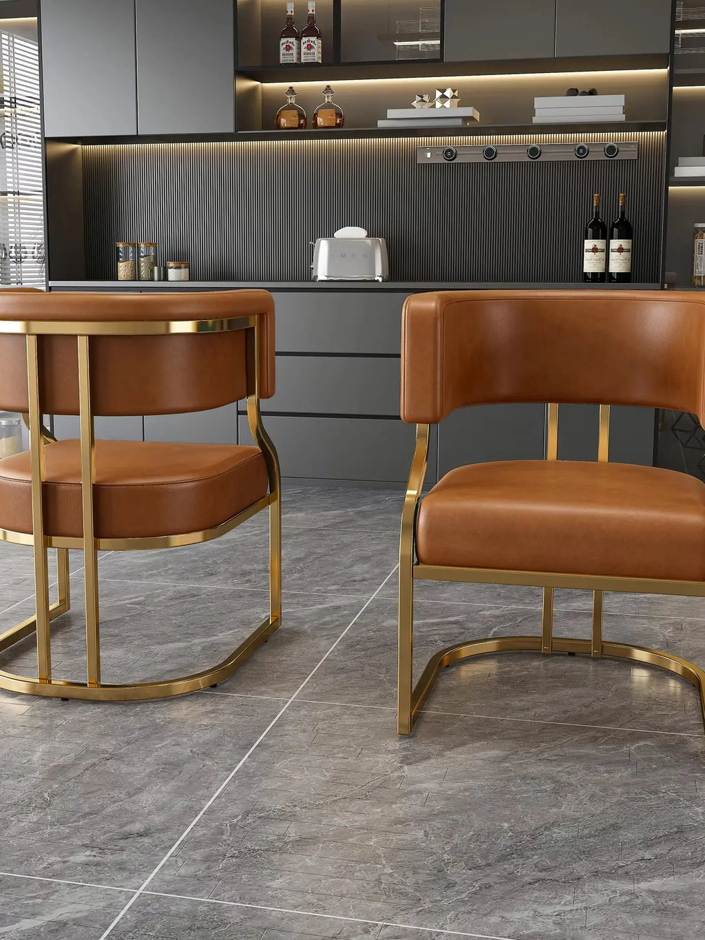 Modern Dining Chairs Set Of 2 With Gold Metal Legs, PU Leather Upholstered Kitchen Chairs, Brown