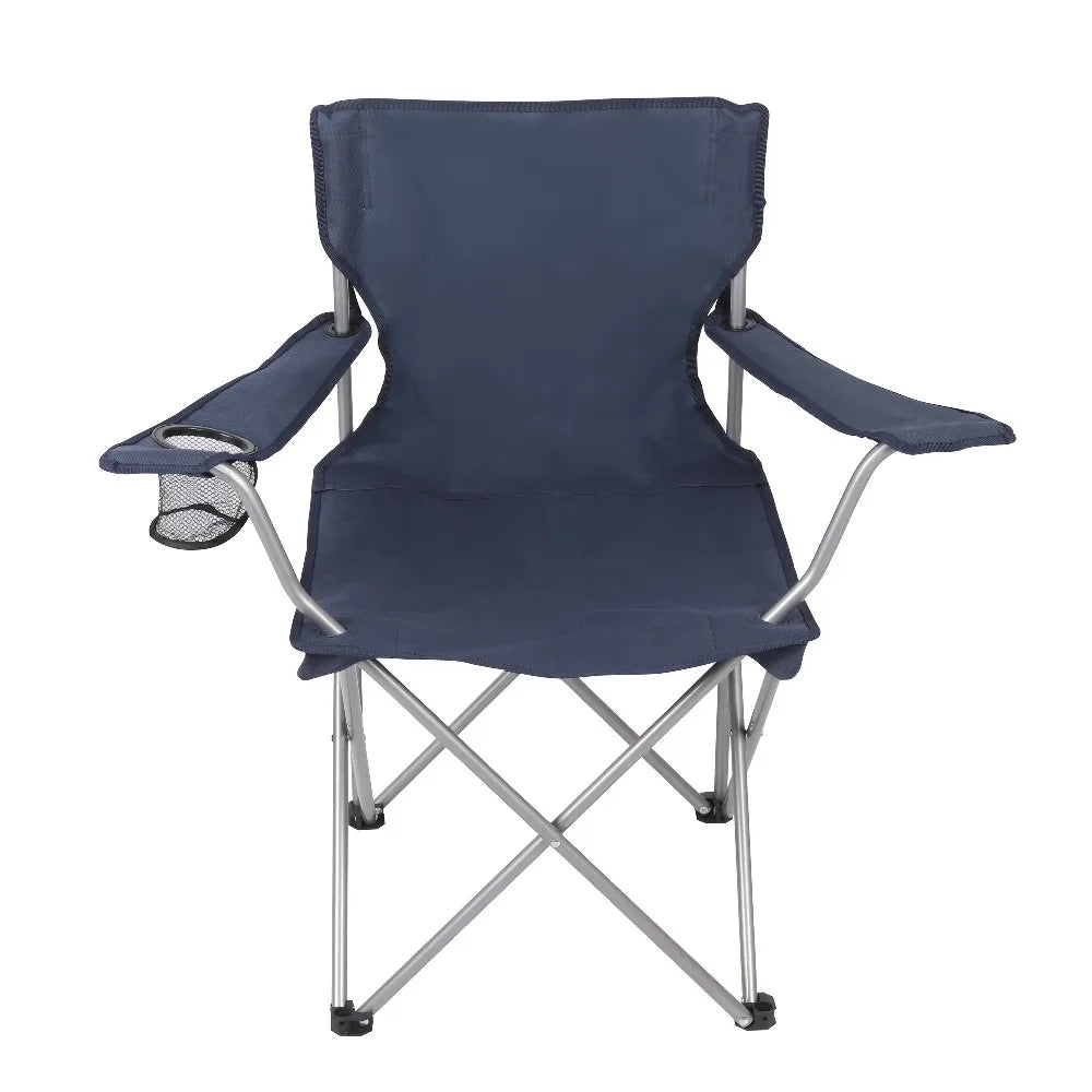Folding Camping Chair with Cup Holder Quad Portable Outdoor Seat for Beach Fishing Picnic Dark Blue