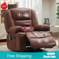 Brown 360 Swivel Rocker Heat Vibration Massage Oversized Wide Recliner PU Leather Manual Adult Chair With Cup Holders Side Pocke