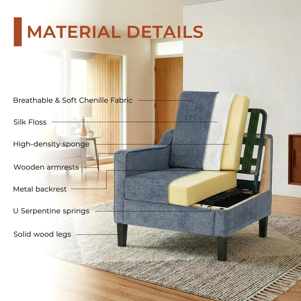 AOOU Accent Chair Mid Century Modern Living Room Upholstered Chenille Armchair Reading Chair, Single Sofa Chair with Removable Cover & Wood Legs for Living Room, Bedroom