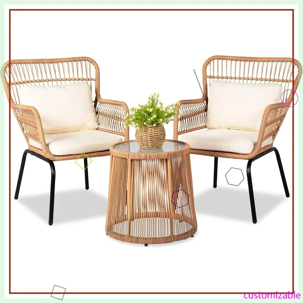 3 Piece Outdoor Wicker Furniture Set, Rattan Chairs and Table for Balcony Poolside Backyard, Yellow/Beige Patio Bistro