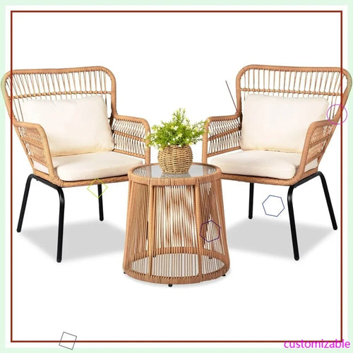 3 Piece Outdoor Wicker Furniture Set, Rattan Chairs and Table for Balcony Poolside Backyard, Yellow/Beige Patio Bistro