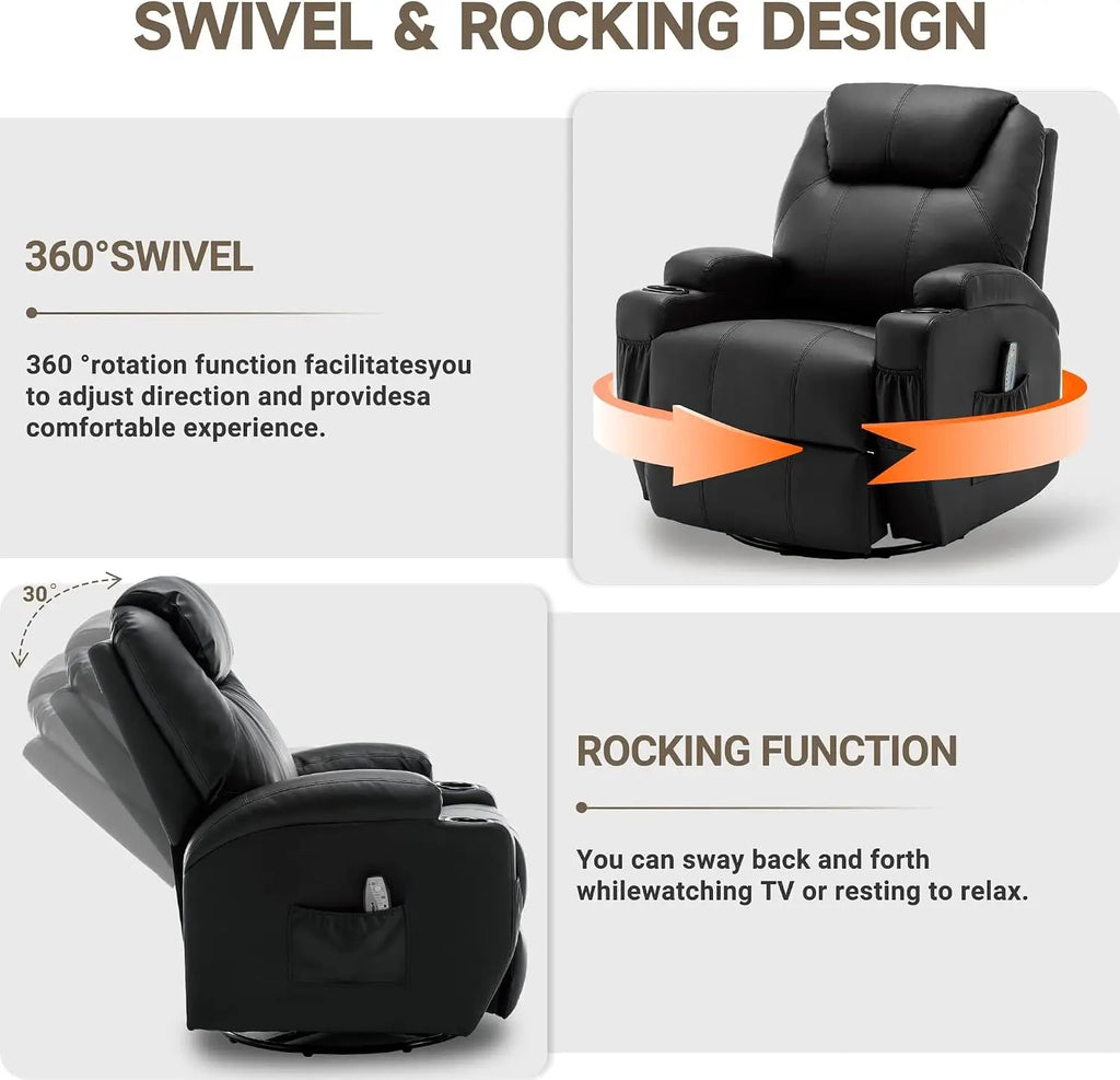 Recliner Chair, Rocking Chair with Massage and Heat, 360° Swivel Recliner Chairs for Adults, Rocker Manual Recliner